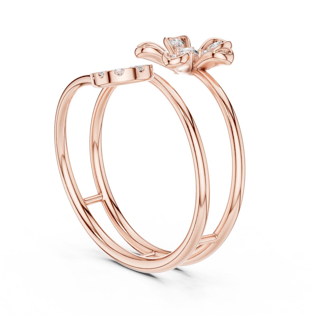 Rose Gold Twin Band Floral  Heart Diamond Ring