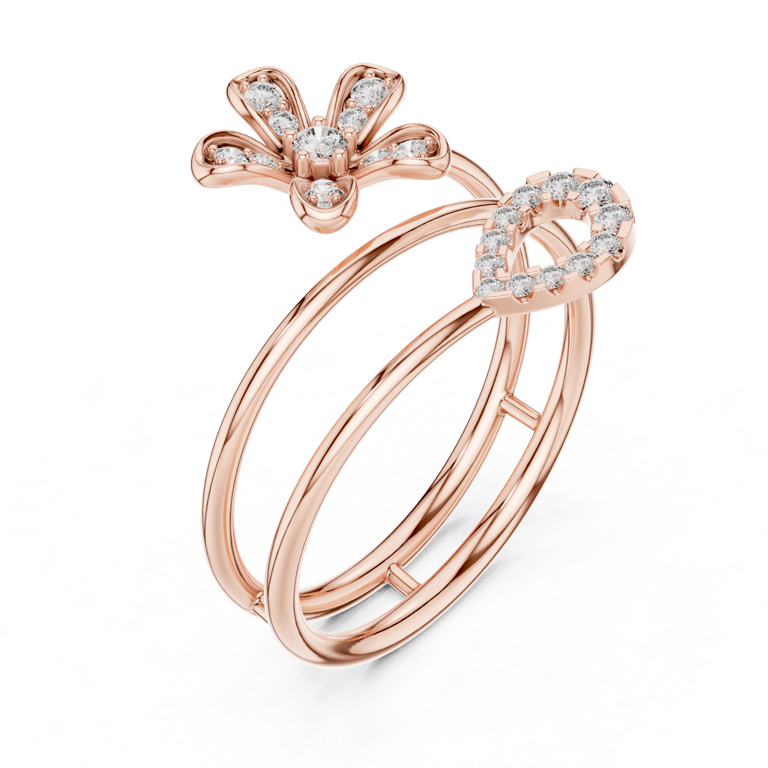 Rose Gold Twin Band Floral  Heart Diamond Ring