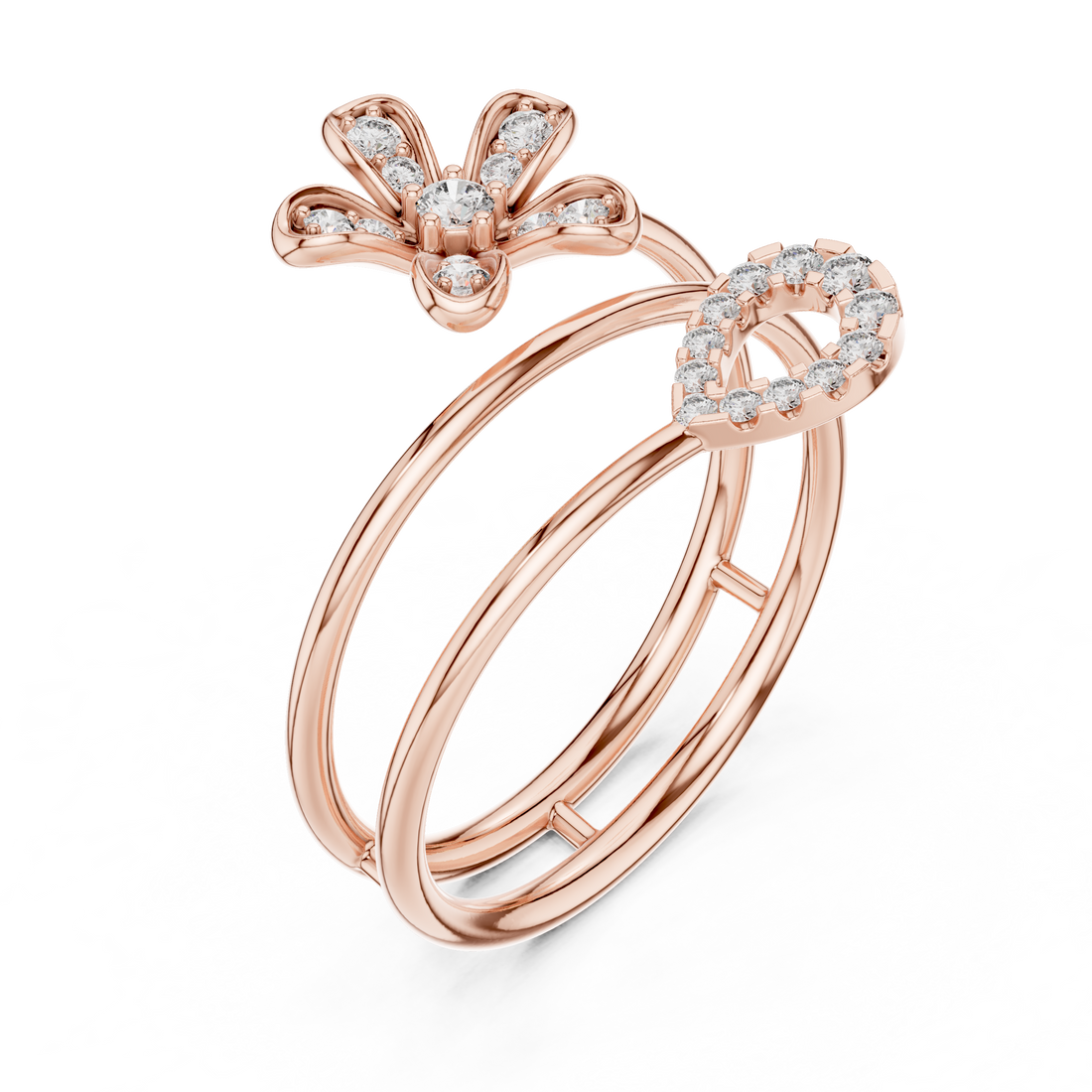 Rose Gold Twin Band Floral  Heart Diamond Ring