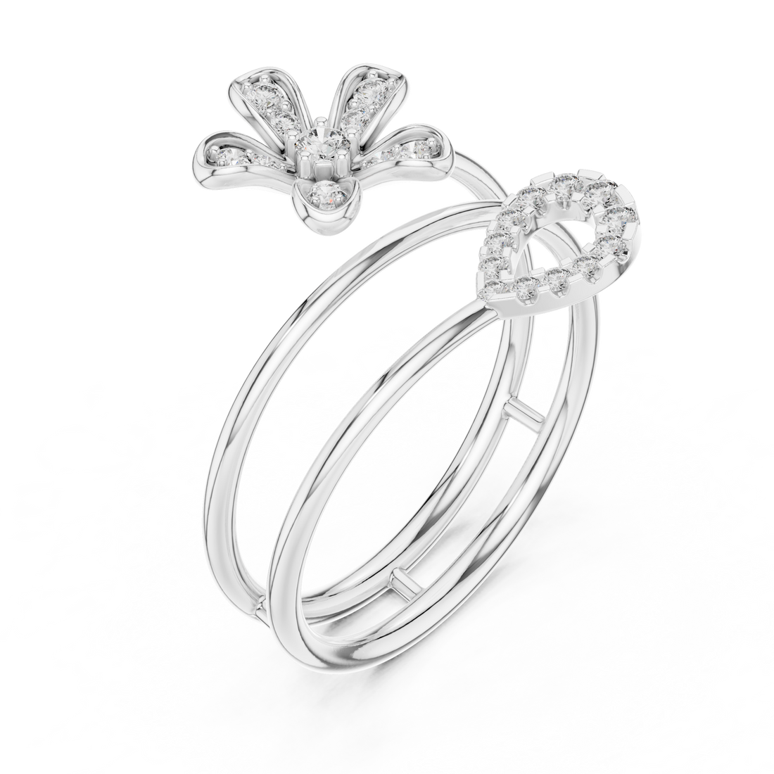 Rose Gold Twin Band Floral  Heart Diamond Ring