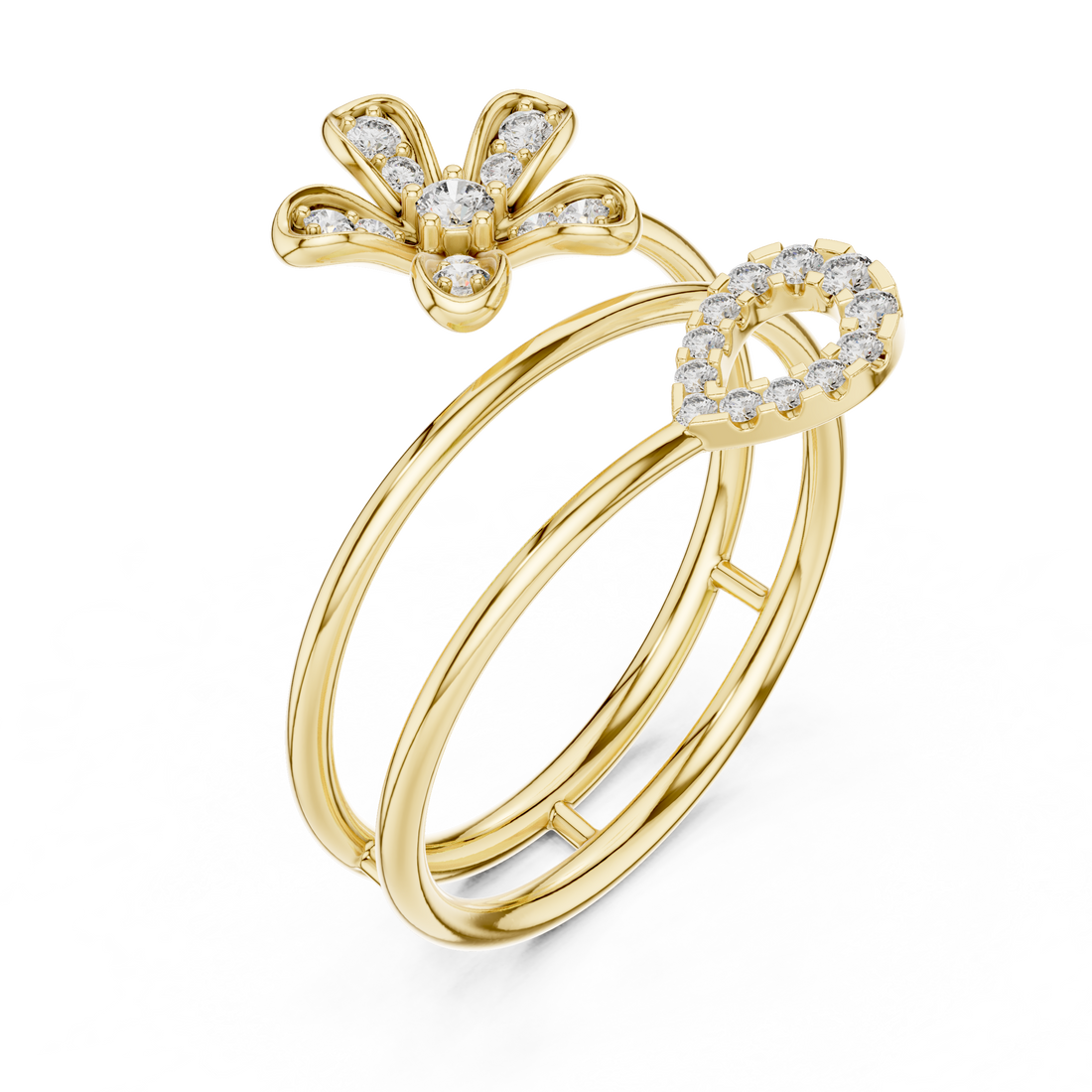 Rose Gold Twin Band Floral  Heart Diamond Ring