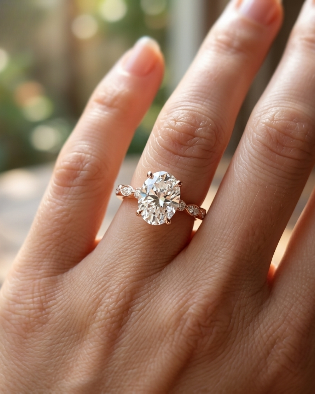 1 carat oval lab-grown diamond ring by Kiashaa Jewellery in rose gold with round nature-inspired band accents.