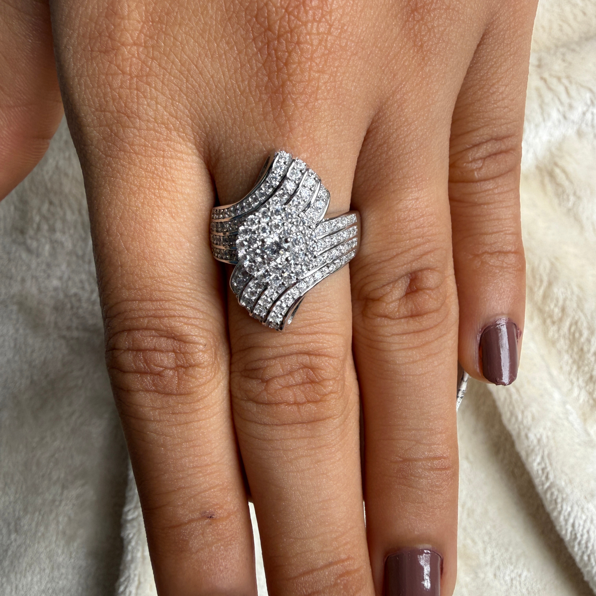 Round lab-grown diamond multi-row statement ring by Kiashaa Jewellery.