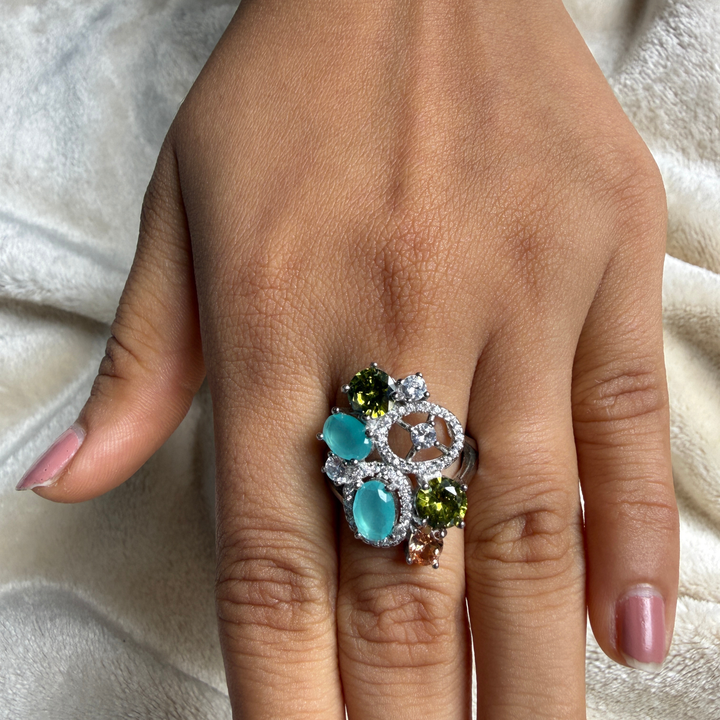 Multicolor gemstone and lab-grown diamond statement ring by Kiashaa Jewellery.