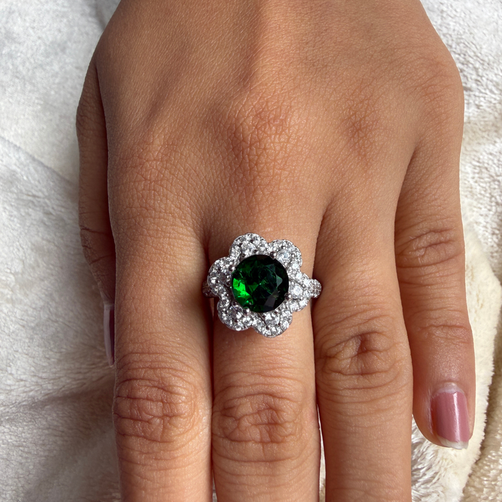 Green gemstone floral halo ring with lab-grown diamonds by Kiashaa Jewellery.