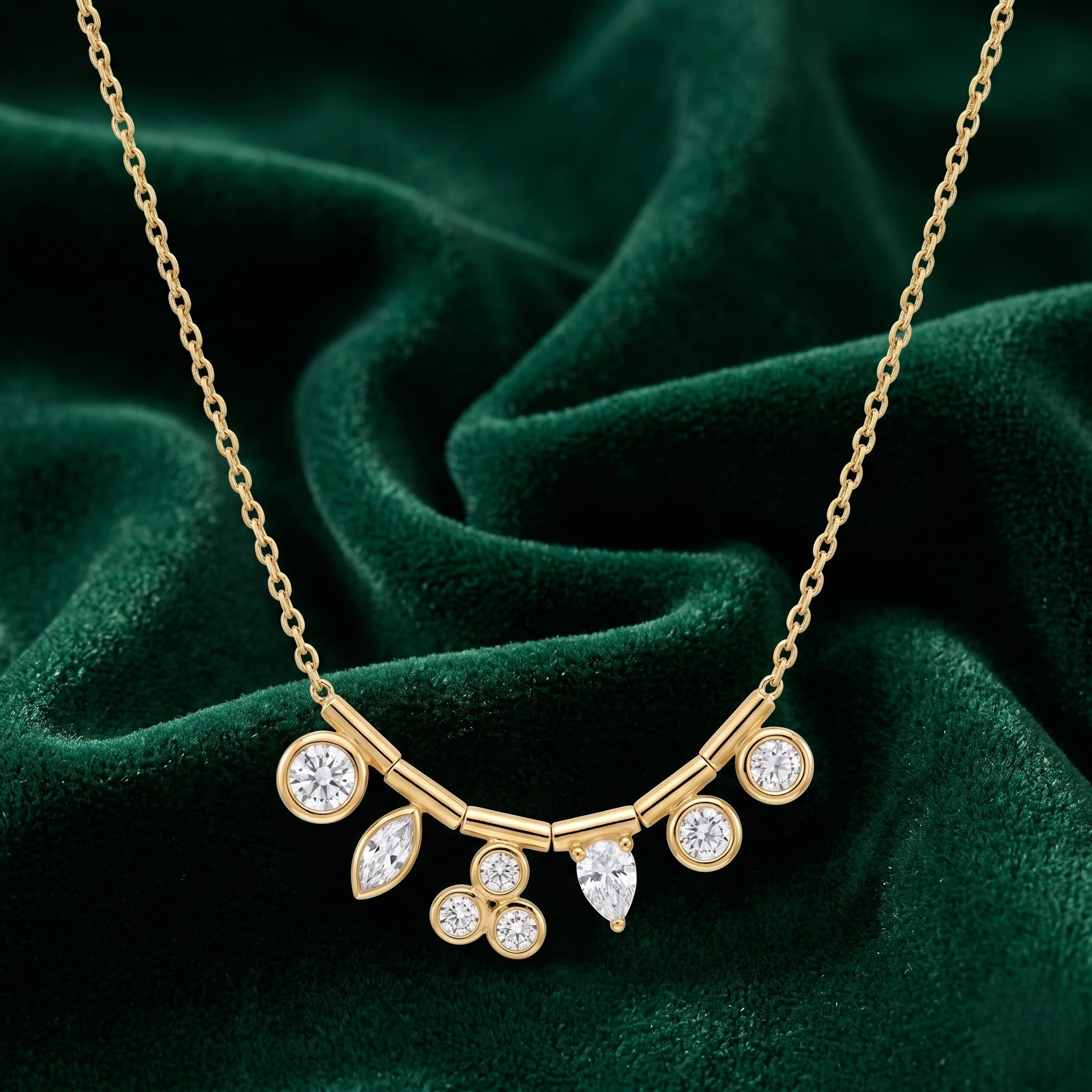 A gold necklace with a curved bar and multiple clear gemstones, displayed on a dark green velvet fabric background.