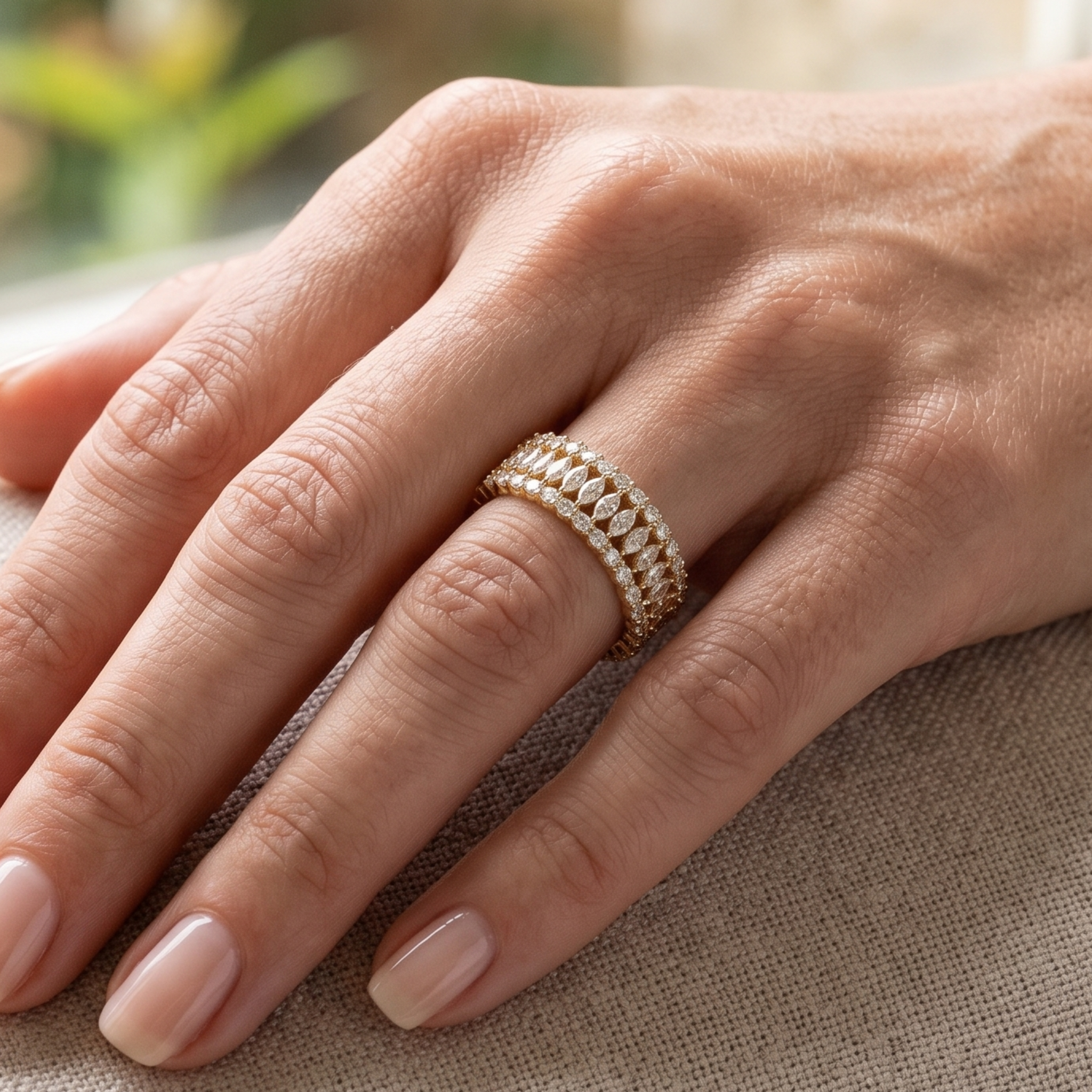 A close-up of a hand wearing a delicate gold ring with rows of small clear stones, resting on a textured beige fabric surface.