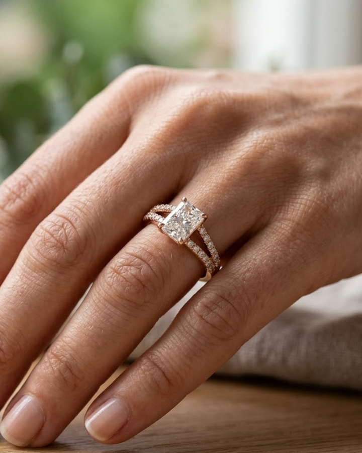 1.990 CT radiant lab-grown diamond ring by Kiashaa Jewellery in rose gold with a sparkling split-shank band.