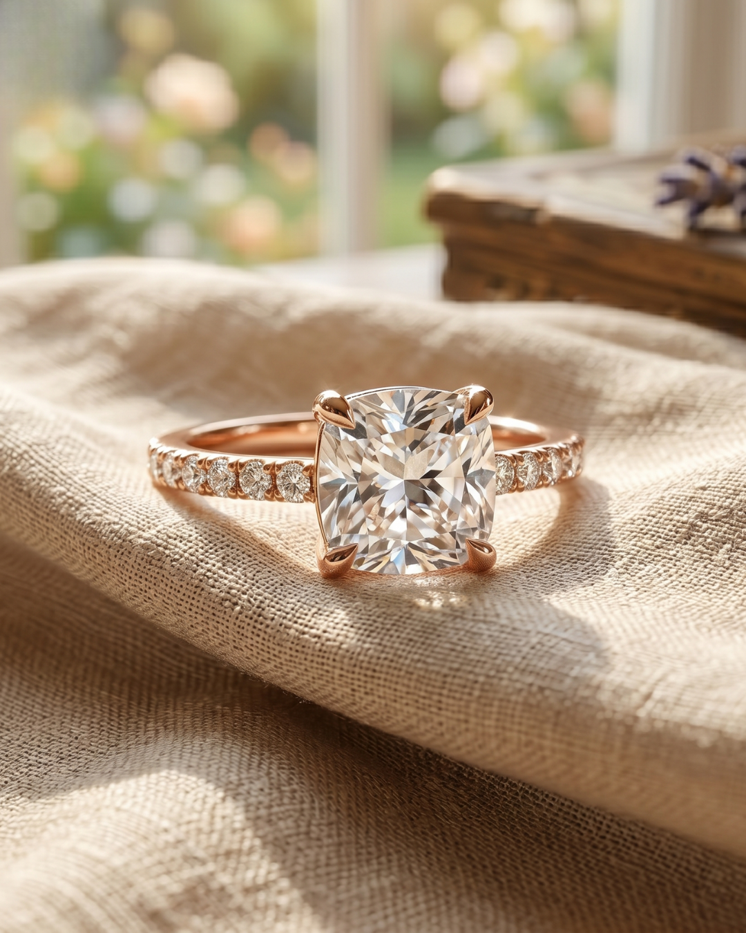 2.304 carat cushion-cut lab-grown diamond ring in rose gold with round diamond band.