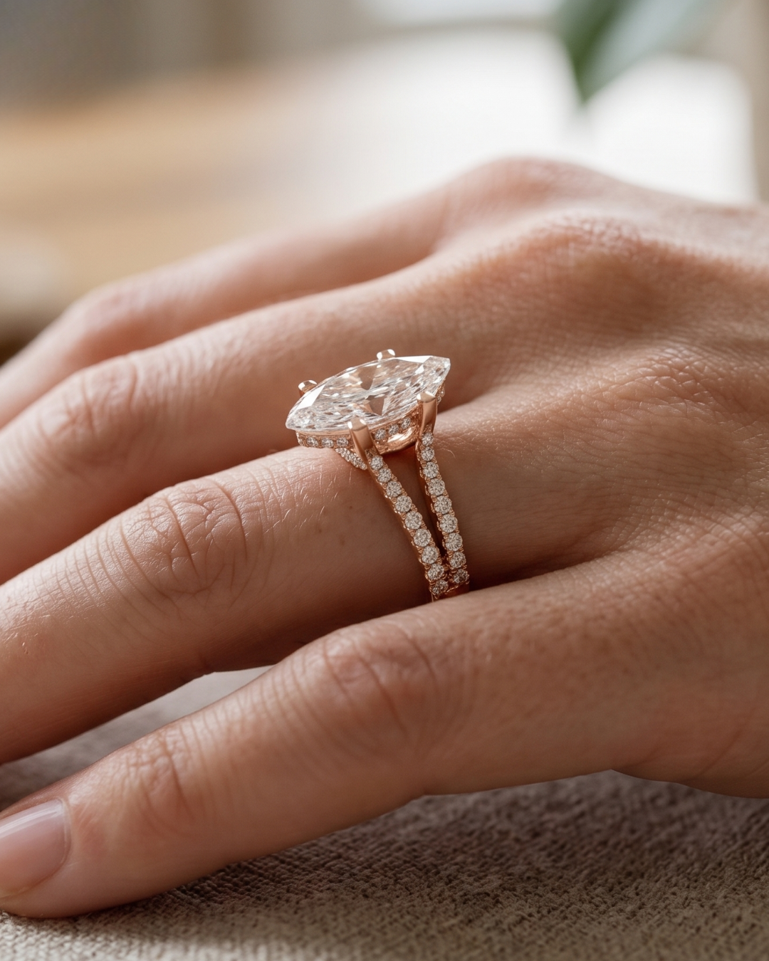 2 carat marquise lab-grown diamond ring by Kiashaa Jewellery in rose gold with round diamond split shank accents.
