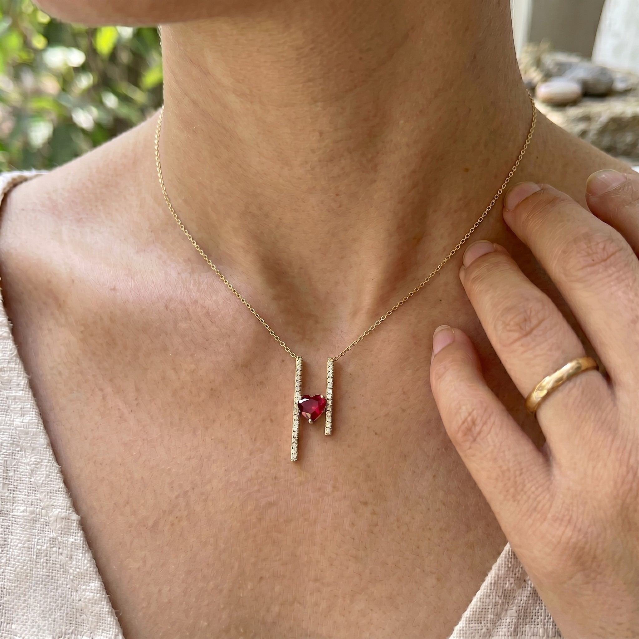 Red heart gemstone and lab-grown diamond pendant necklace by Kiashaa Jewellery in gold.