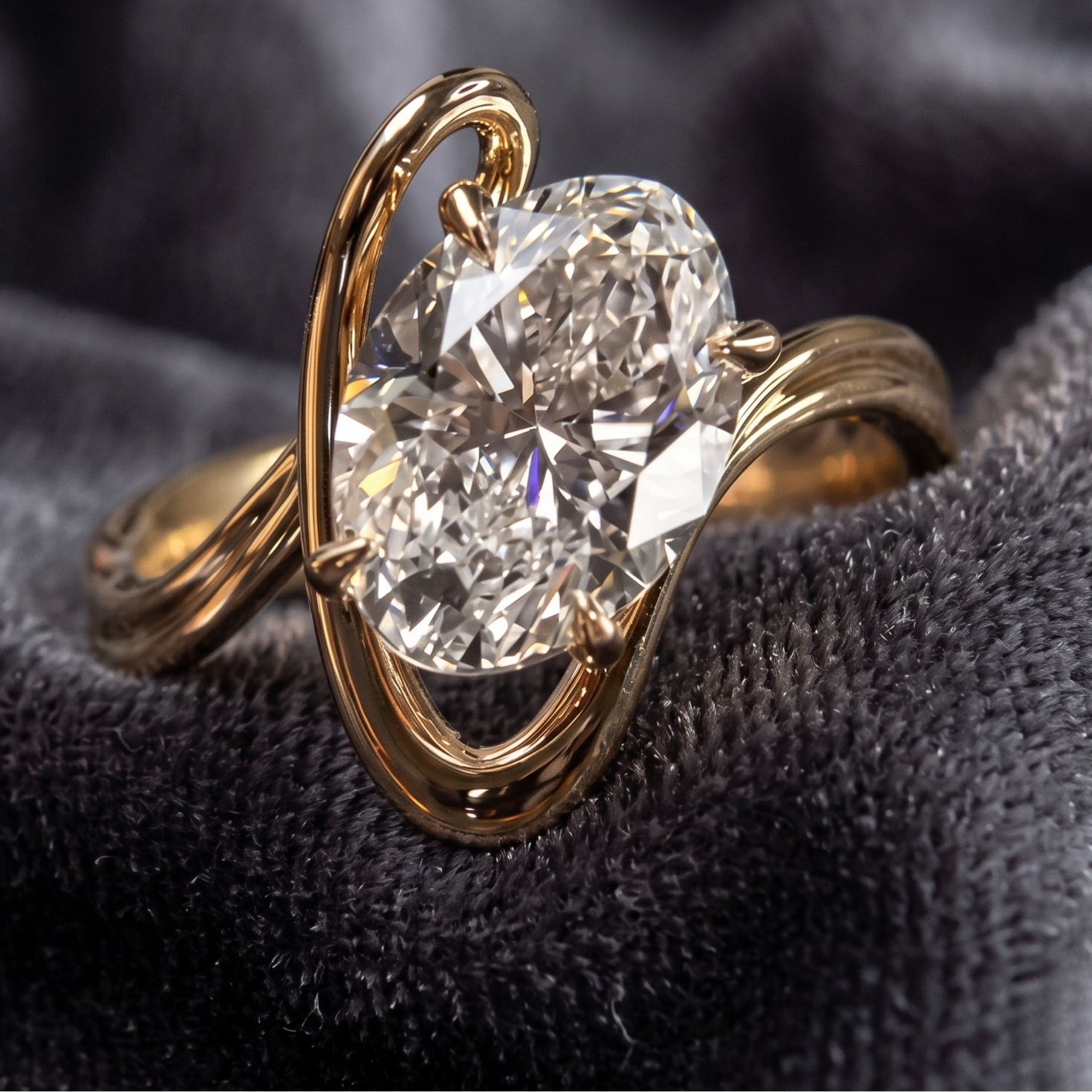 3.13 CT oval diamond sculptural engagement ring in yellow gold