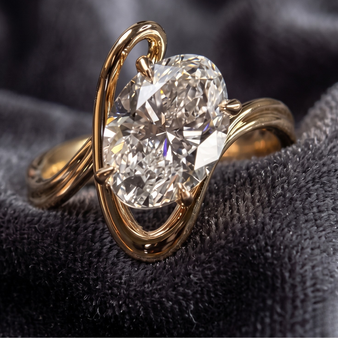 3.13 CT oval diamond sculptural engagement ring in yellow gold