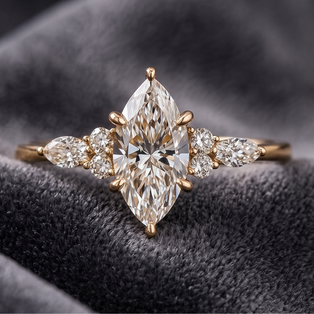 1.57 CT marquise and round diamond engagement ring in yellow gold