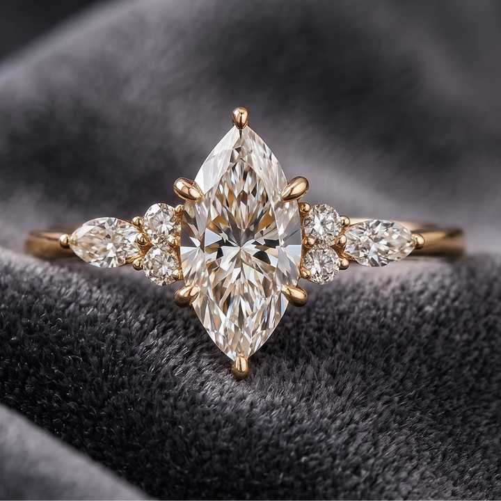 1.57 CT marquise and round diamond engagement ring in yellow gold