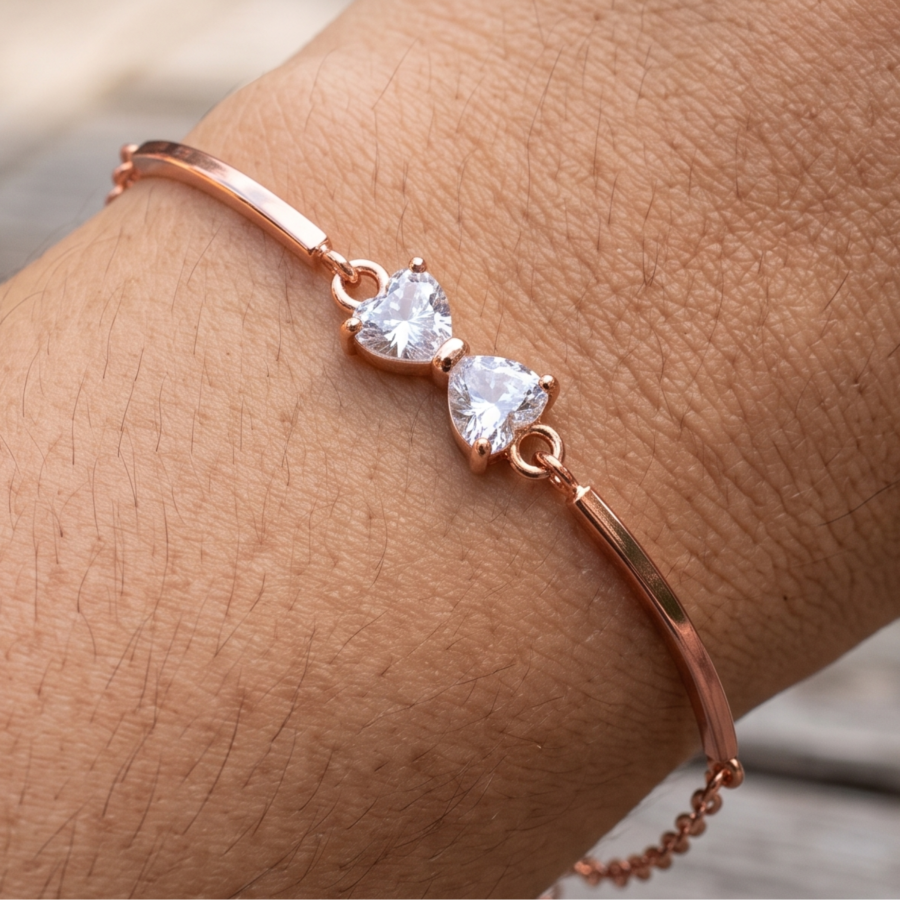 Kiashaa Jewellery 0.96 CTW twin heart diamond bracelet in polished rose gold.