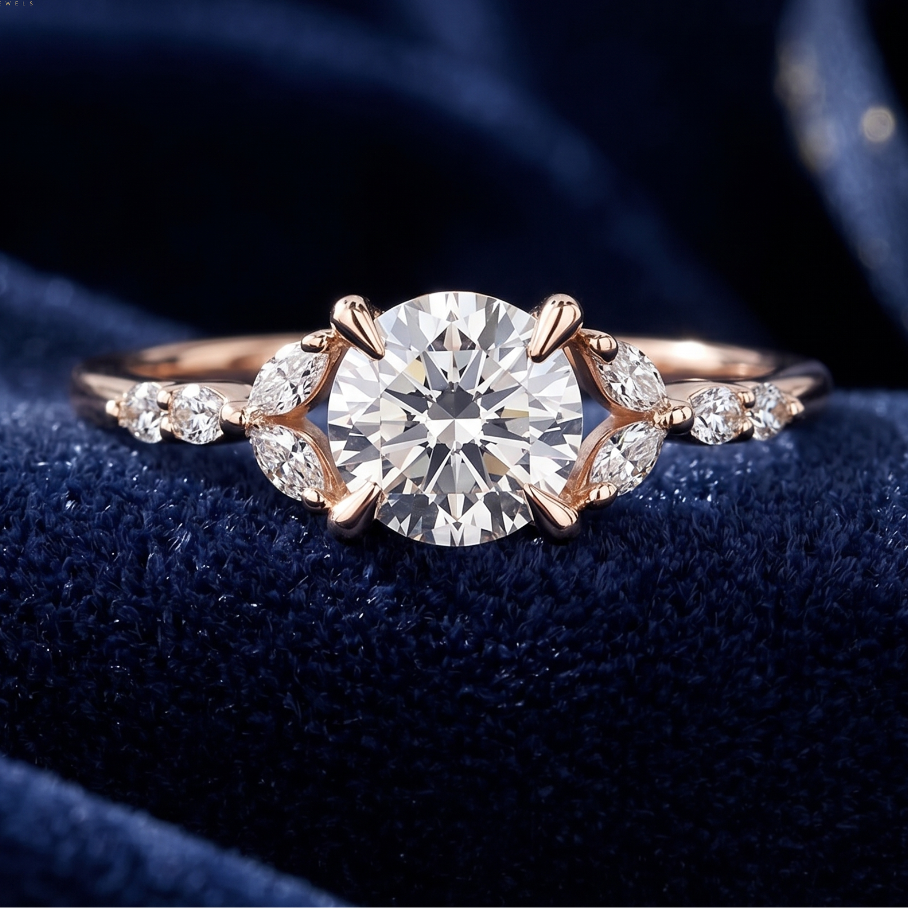 A rose gold engagement ring with a round-cut center diamond and marquise-shaped side diamonds, displayed on a dark blue velvet surface. The brand logo 'W.