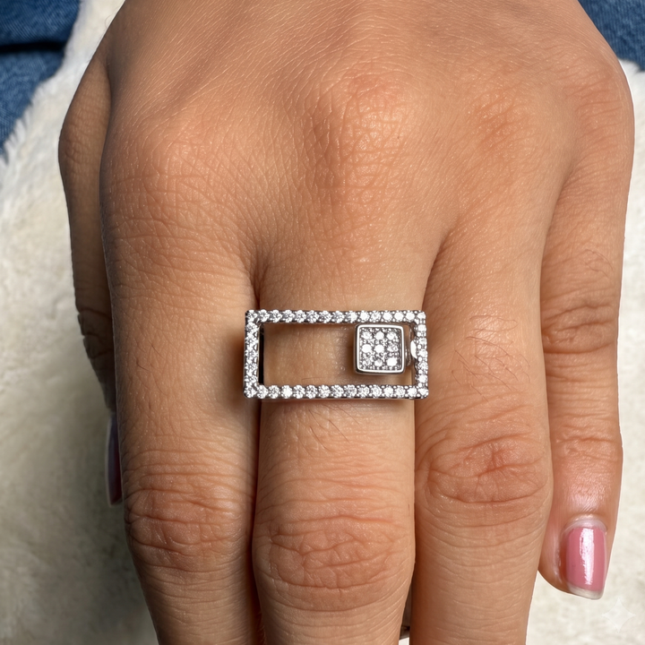 Geometric lab-grown diamond open rectangle ring in white gold by Kiashaa Jewellery.