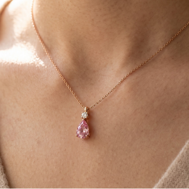 Blush Drop 0.90 CTW pink pear pendant necklace by Kiashaa Jewellery with an 8 × 5 mm pear-shaped center stone.