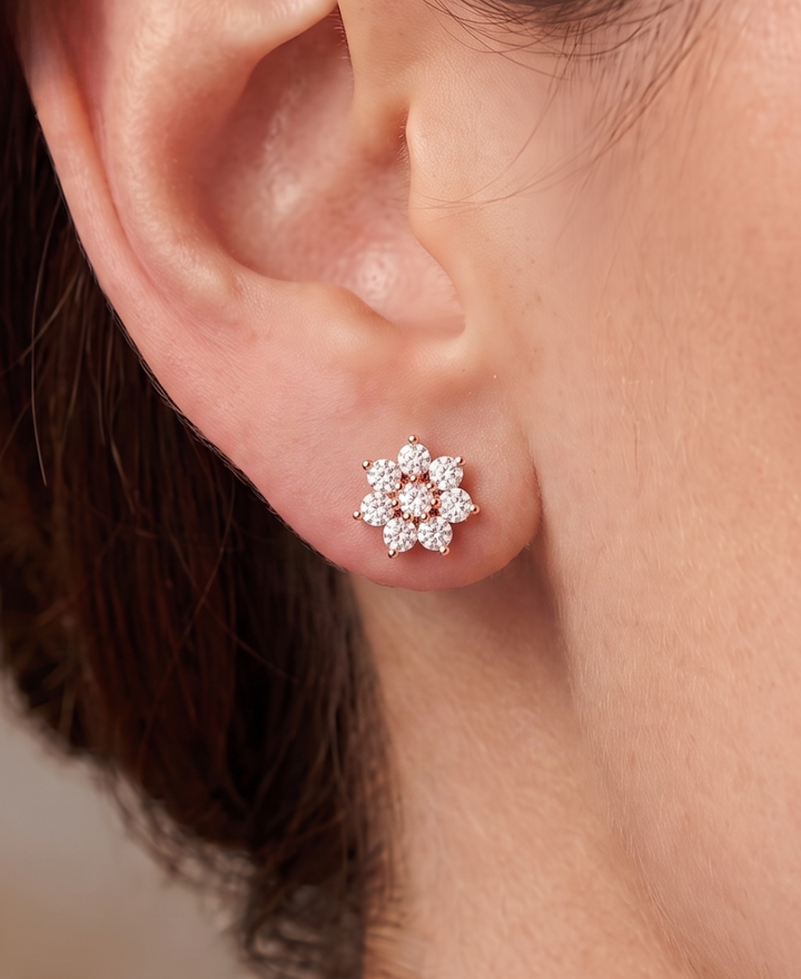 2.64 CTW round lab-grown diamond floral stud earrings by Kiashaa Jewellery in rose gold with secure push backs.