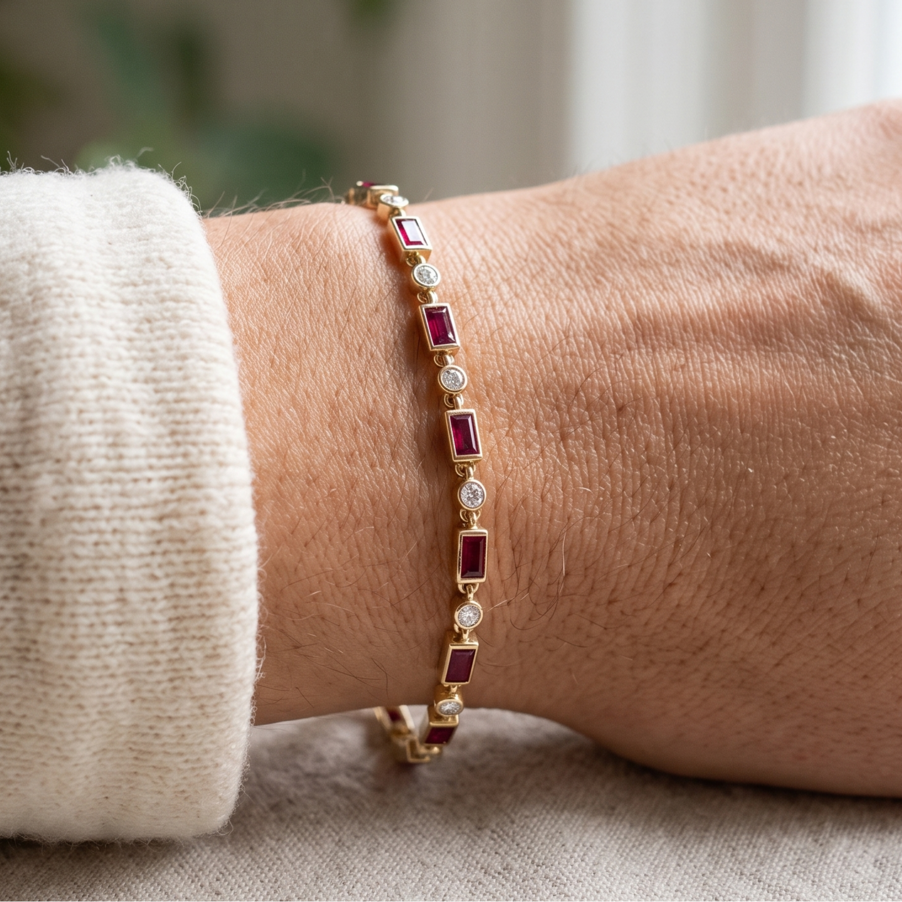 Kiashaa Jewellery 1.91 CTW red baguette and round diamond bracelet in polished yellow gold.