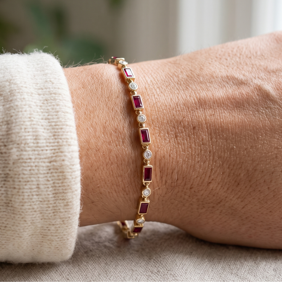 Kiashaa Jewellery 1.91 CTW red baguette and round diamond bracelet in polished yellow gold.