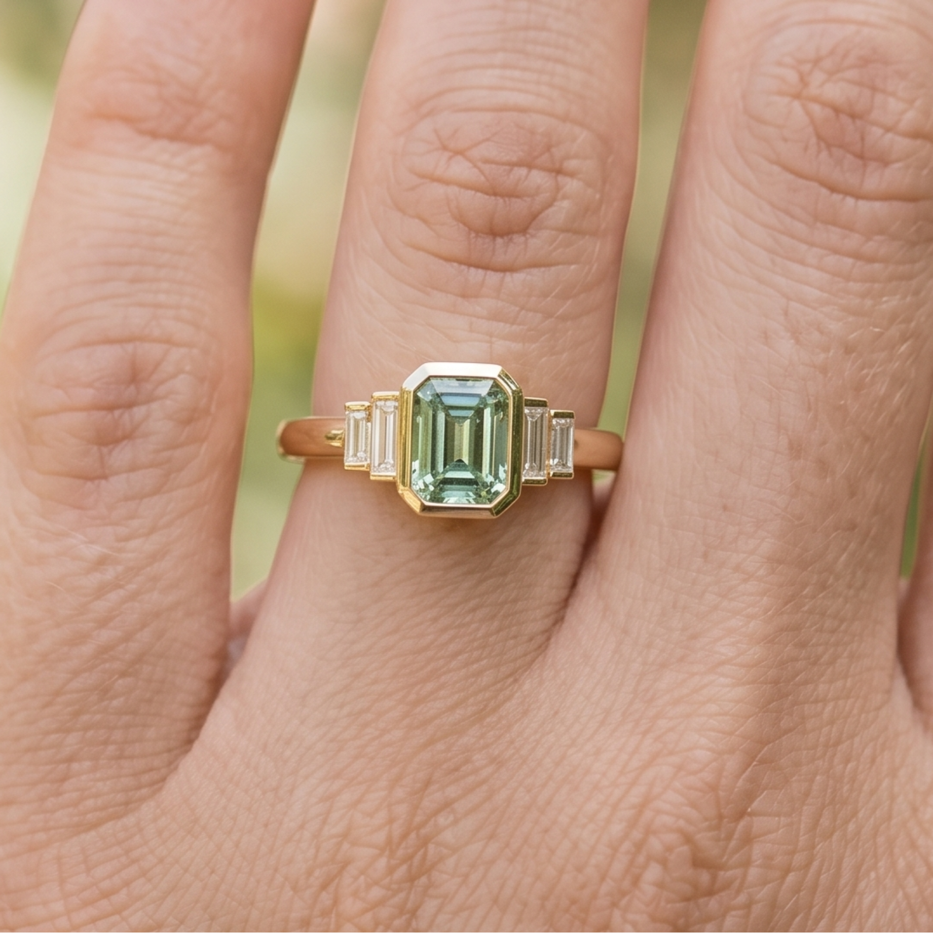 Kiashaa Jewellery 2.13 CTW green emerald and baguette diamond ring in polished yellow gold.