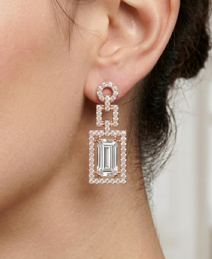 Model wearing 1.958 CTW baguette and round lab-grown diamond drop earrings by Kiashaa Jewellery.