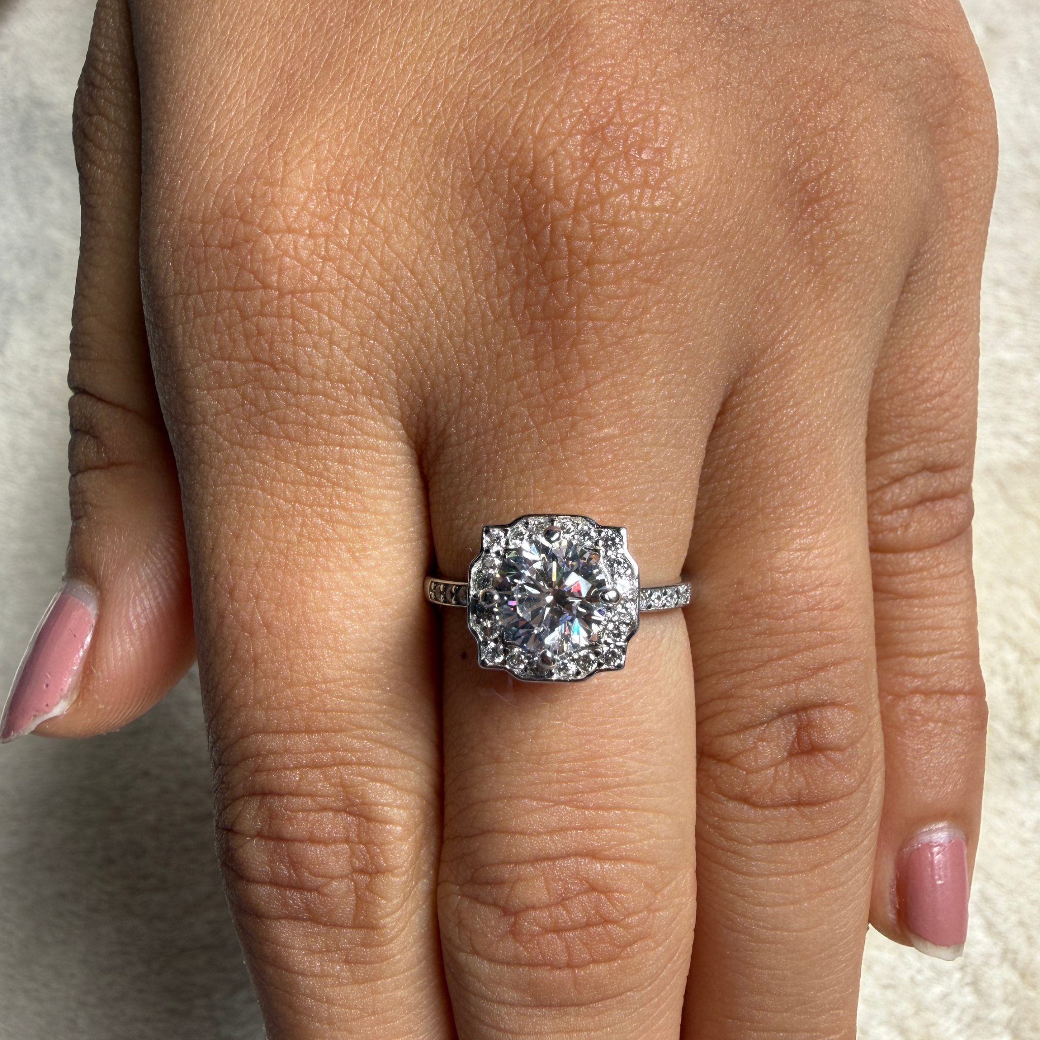 Vintage round lab-grown diamond halo ring in white gold by Kiashaa Jewellery.