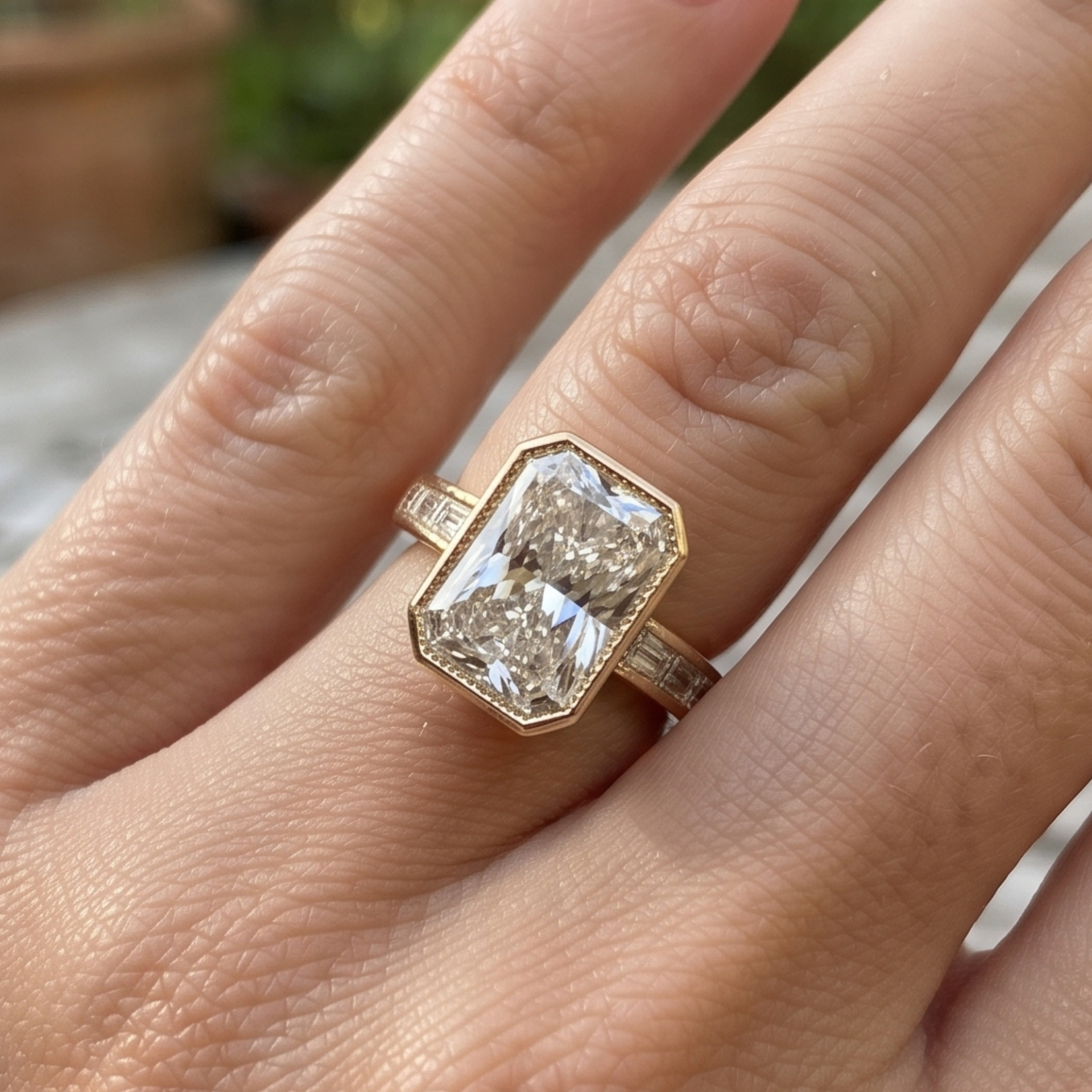 Kiashaa Jewellery 2.89 CTW radiant and baguette diamond ring in polished yellow gold.