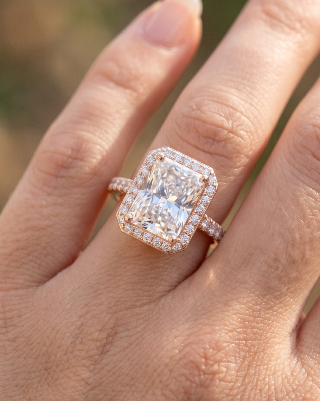2.488 carat radiant lab-grown diamond halo ring by Kiashaa Jewellery in rose gold with round diamond accents.