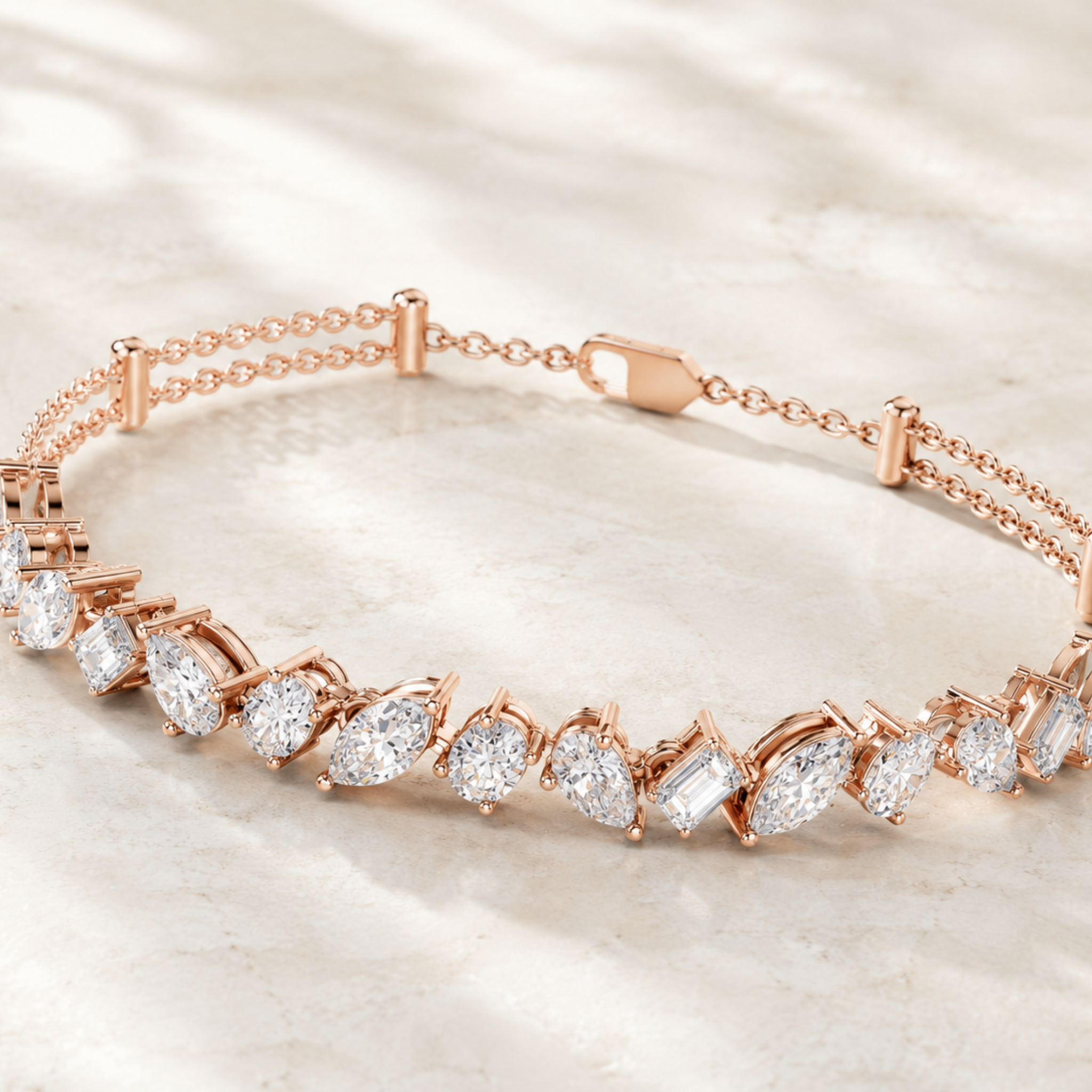 Rose gold tennis bracelet with marquise and baguette-cut clear stones, displayed on a light marble surface.