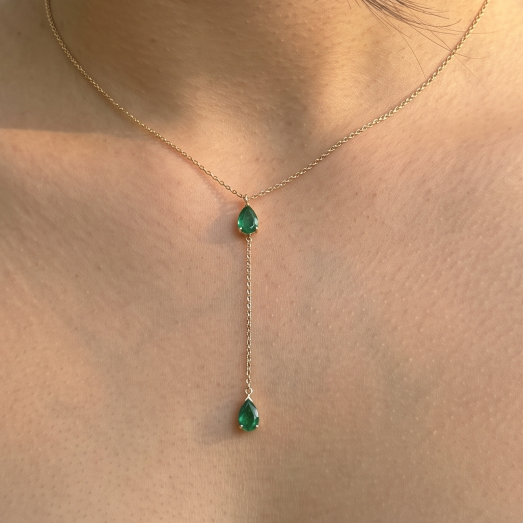 Emerald Drop 1.50 CTW pear gemstone Y-necklace by Kiashaa Jewellery with two 7 × 5 mm green pear stones.
