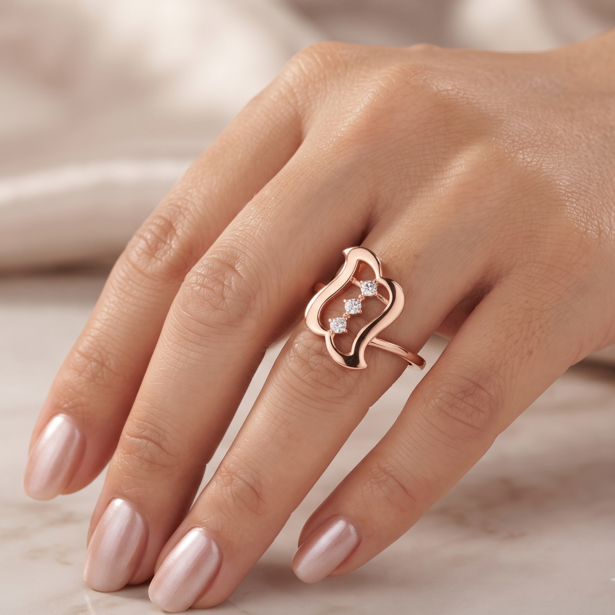 A close-up of a hand wearing a rose gold ring with a decorative openwork design and small clear stones, set against a soft neutral background.