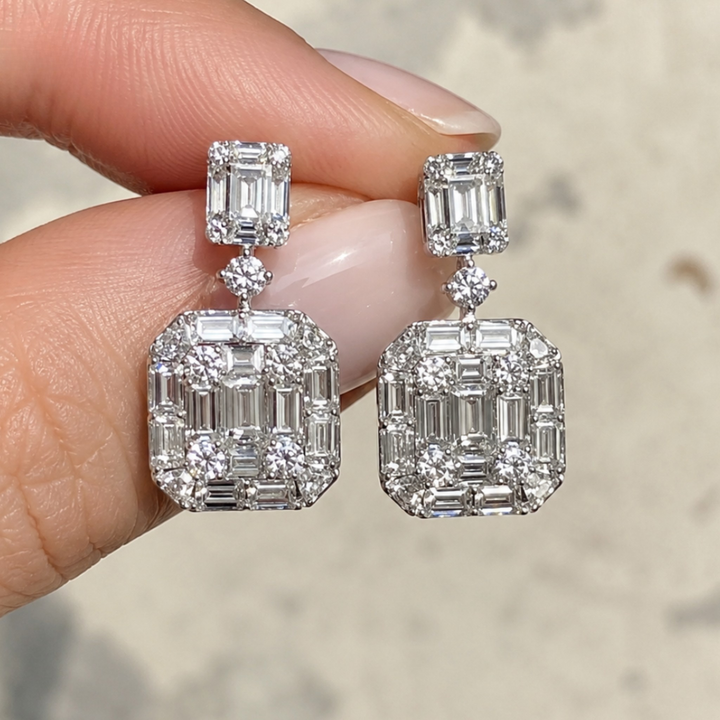 A pair of emerald-cut drop earrings with silver-toned metal and clear stones, held between fingers against a soft beige background.