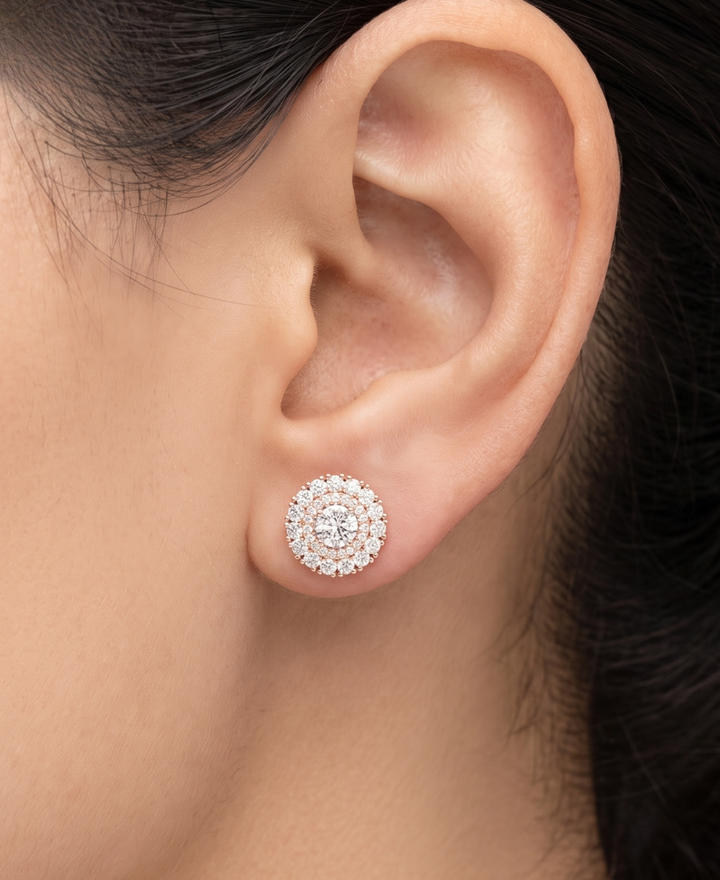 2.240 CTW round lab-grown diamond halo stud earrings in rose gold by Kiashaa Jewellery.