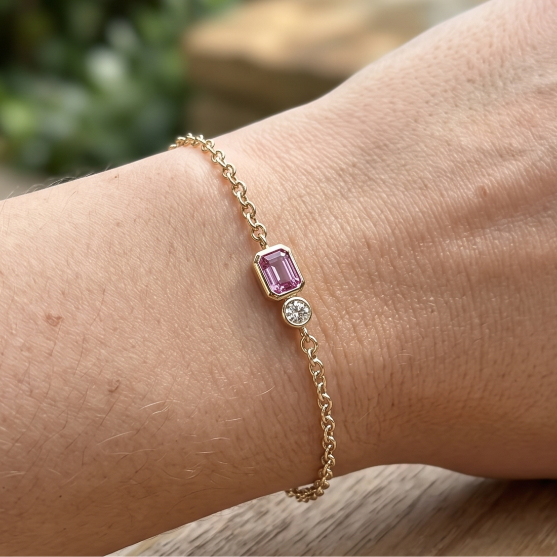 Kiashaa Jewellery 1.14 CTW pink emerald and round diamond bracelet in polished yellow gold. 