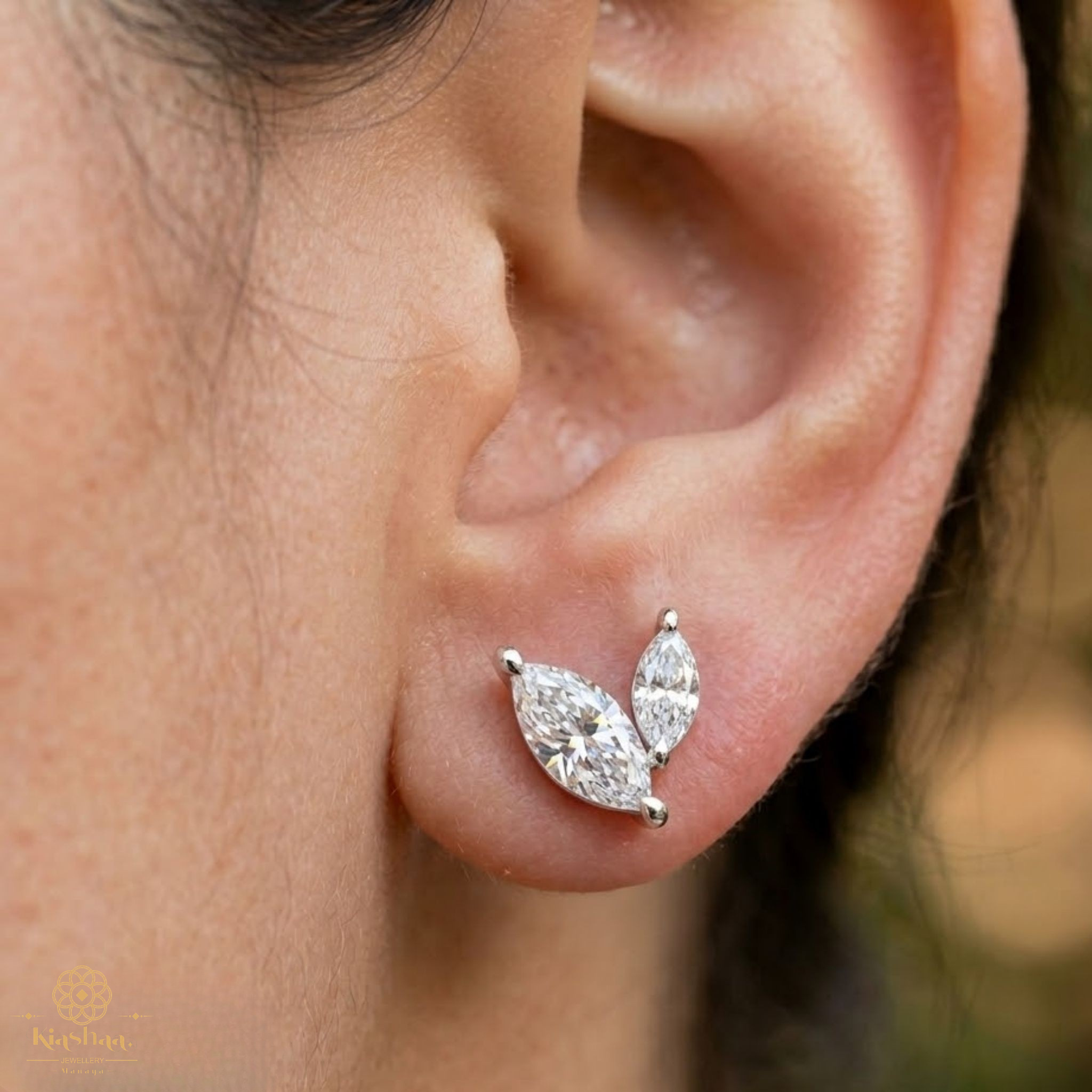 Two-Marquise Diamond Leaf Stud Earrings in 9K, 14K & 18K Gold