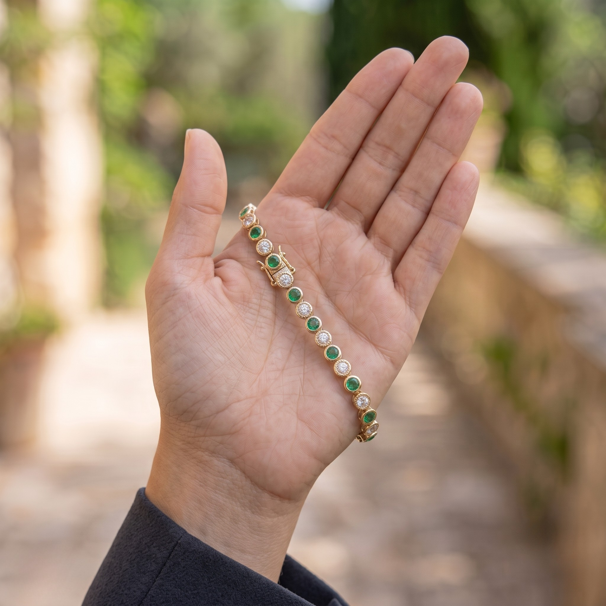 Alternating green gemstone and white diamond bracelet with round bezel-set stones.