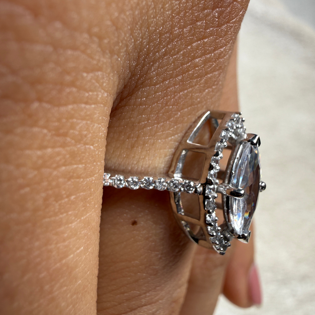 Marquise halo lab-grown diamond engagement ring in white gold by Kiashaa Jewellery.