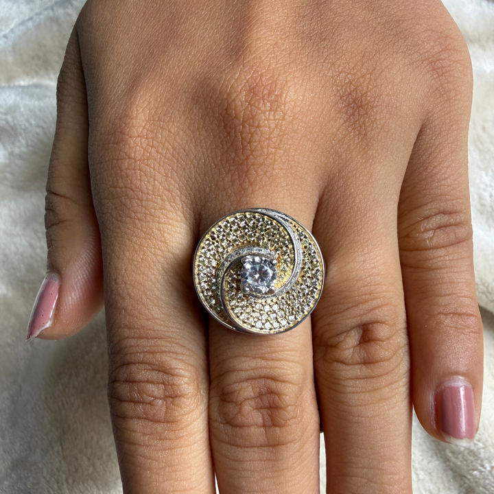 Round and baguette lab-grown diamond swirl statement ring by Kiashaa Jewellery.