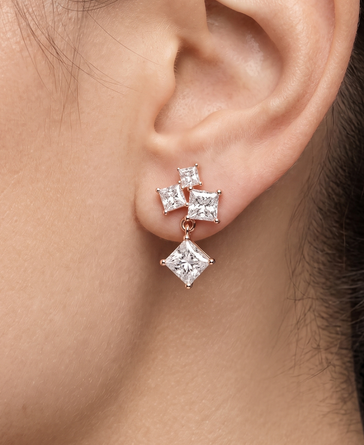 3.780 CTW princess-cut lab-grown diamond drop earrings by Kiashaa Jewellery in rose gold.