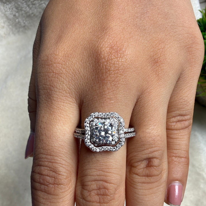 Round halo lab-grown diamond engagement ring in white gold by Kiashaa Jewellery.