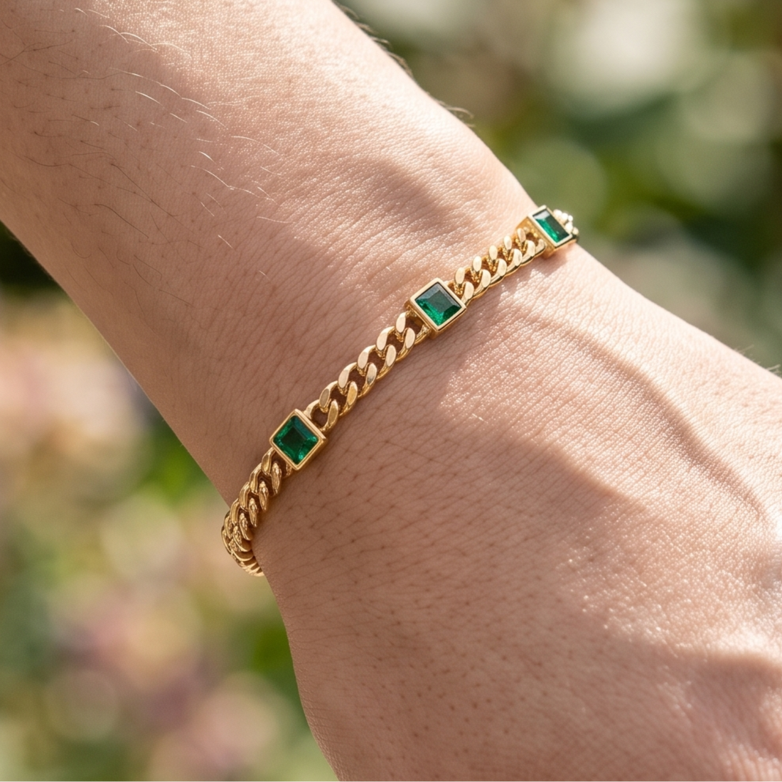 Kiashaa Jewellery 2.047 CTW green princess-cut Cuban bracelet in polished yellow gold.