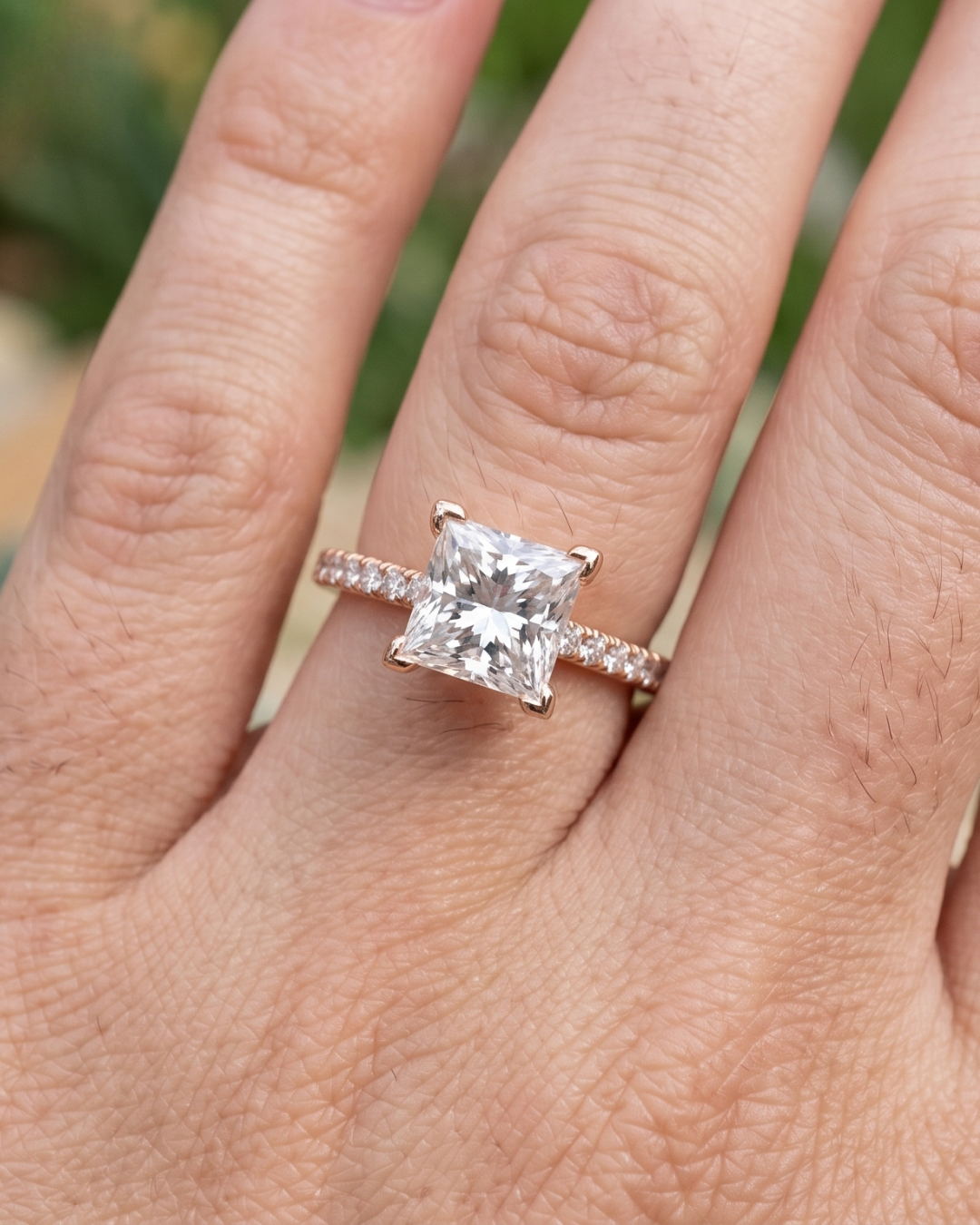 2.304 carat princess lab-grown diamond ring by Kiashaa Jewellery in rose gold with round diamond band accents.
