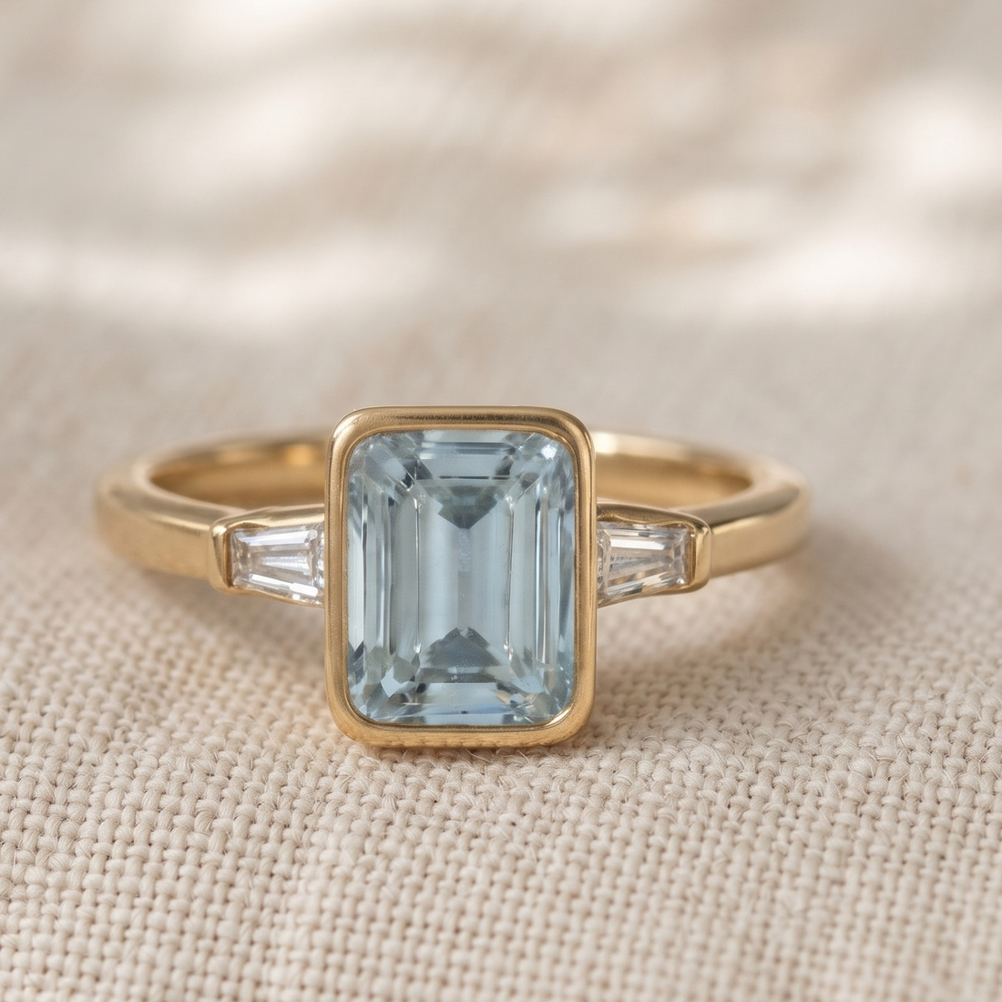 Aqua Cushion 1.351 CTW Cushion & Tapered Baguette Three-Stone Ring in 9K, 14K & 18K Gold