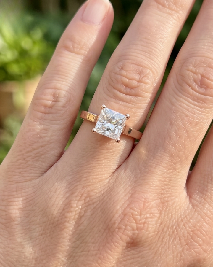 1 carat princess lab-grown diamond solitaire ring by Kiashaa Jewellery in polished rose gold for engagements.