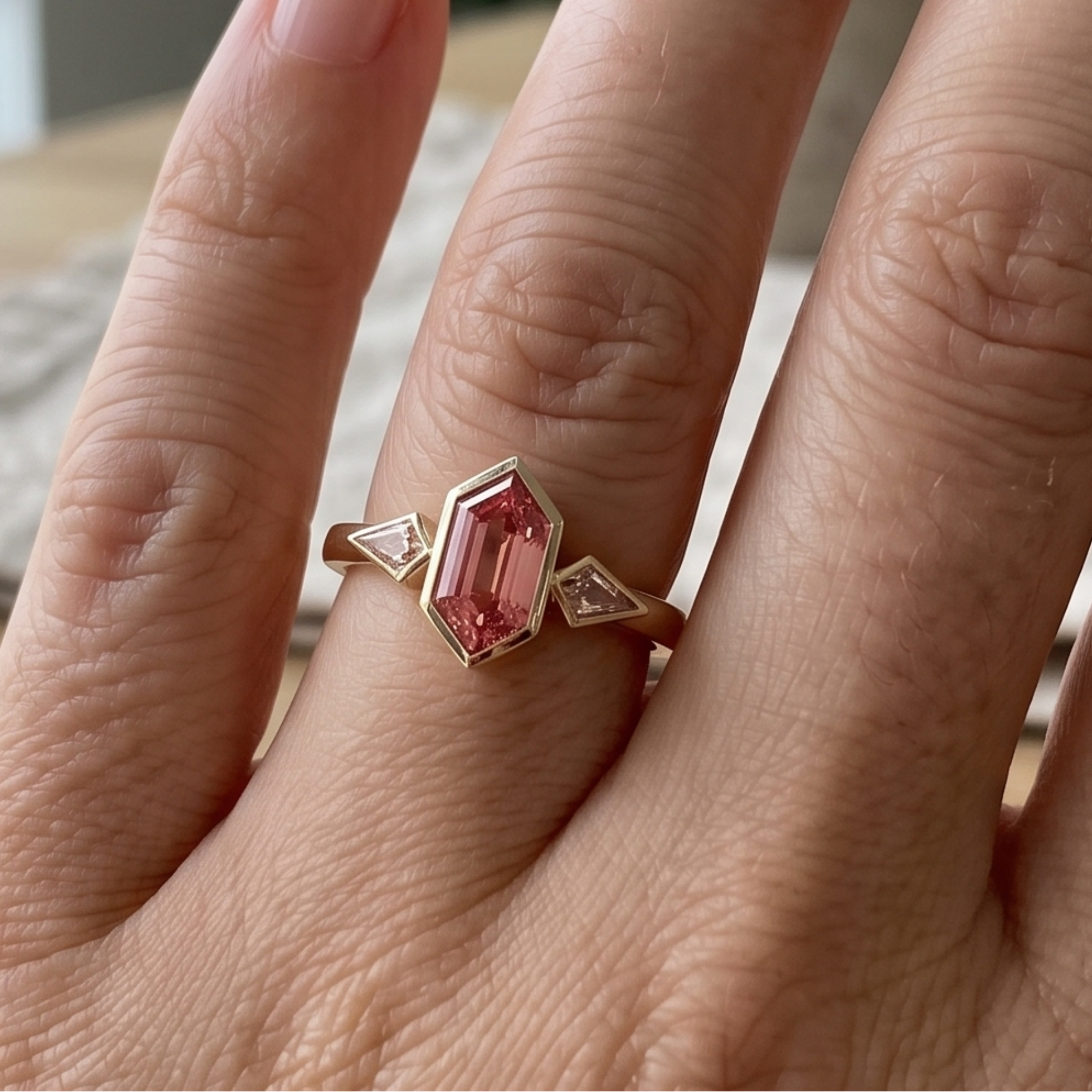 Kiashaa Jewellery 3 CTW pink geometric three-stone ring in polished yellow gold.
