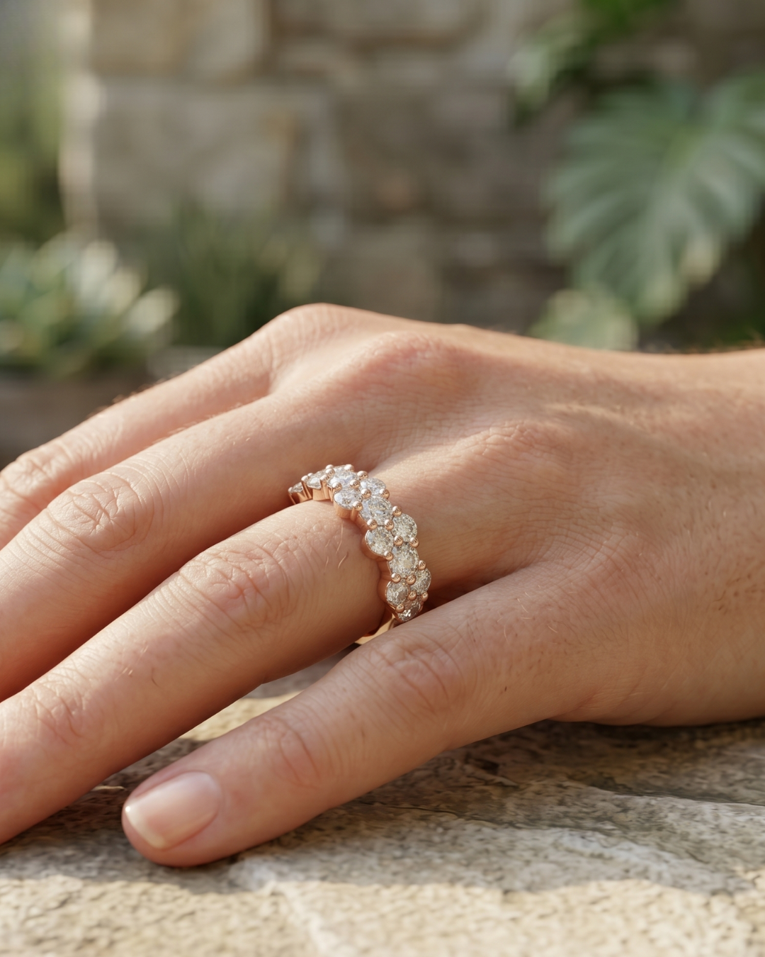 1 carat round lab-grown diamond cluster band by Kiashaa Jewellery in rose gold with a layered half-eternity design.