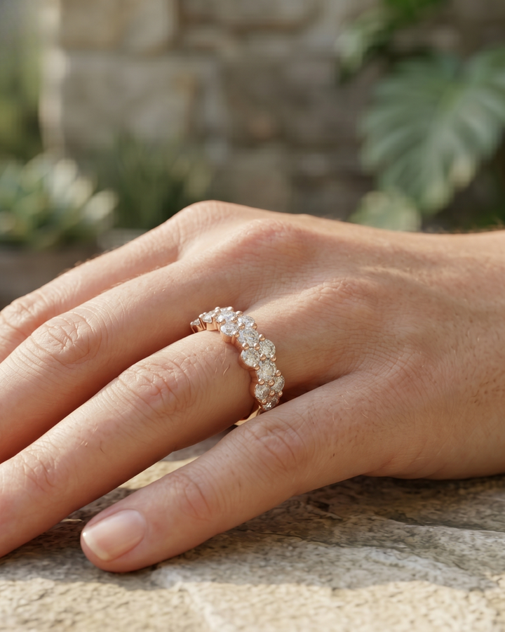 1 carat round lab-grown diamond cluster band by Kiashaa Jewellery in rose gold with a layered half-eternity design.